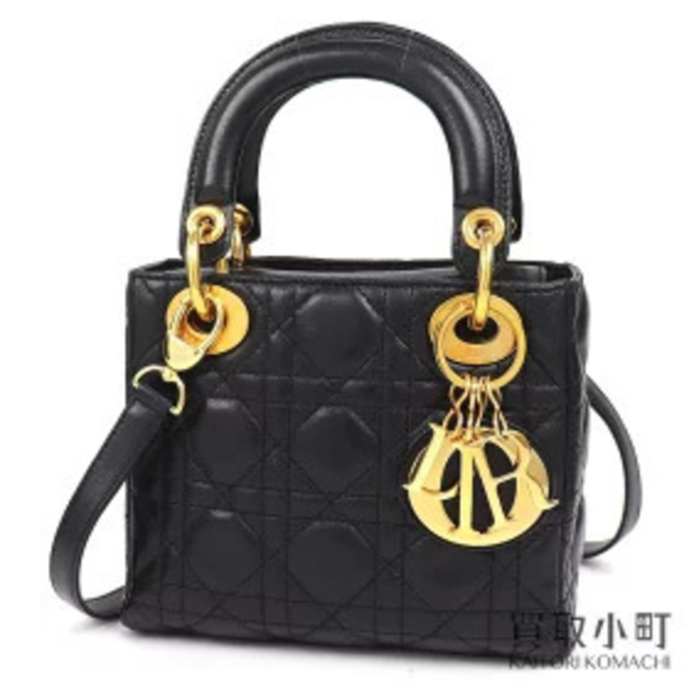 Dior Christian Lady Handbag Cannage Stitch Black Lambskin Charm Shoulder Bag